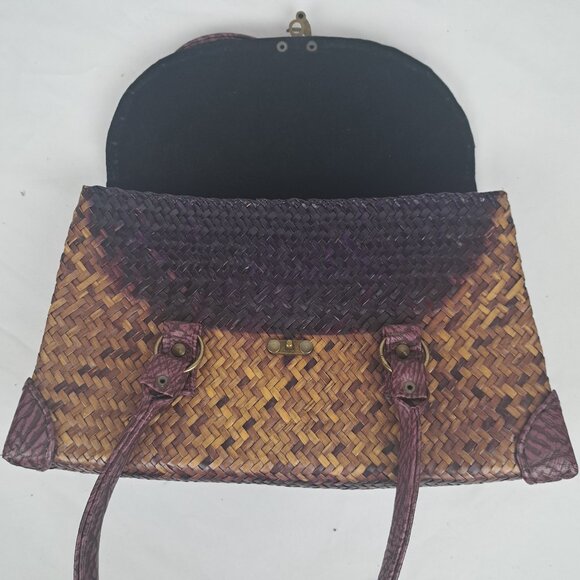 Vintage Straw and Faux Leather Purple Tan Bag - Picture 12 of 16